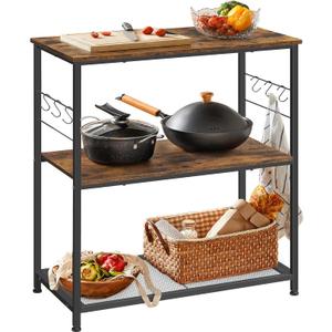 VASAGLE Bakers Rack, Kitchen Shelf, Kitchen Island, Microwave Oven Stand with 3 Open Shelves, 6 Hooks, Metal Frame, 15.7 x 31.5 x 35.4 Inches, Industrial, Rustic Brown and Black UKKI002B01