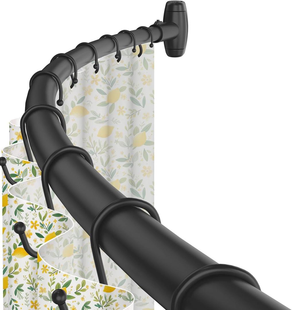 Curved Shower Curtain Rod,Matte Black Round Shower Curtain Rod 48 to 64 Inches Adjustable Rounded Bowed Shower Rods for Bathroom,Bathtub, More Shower Space,Need to Drill