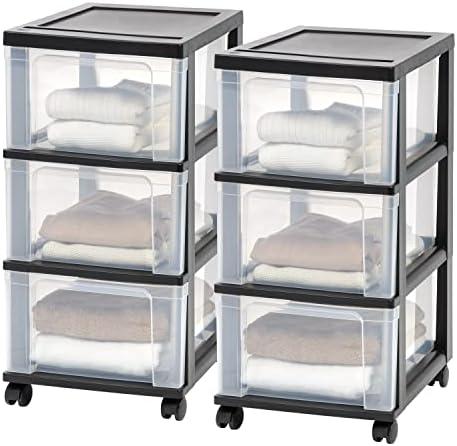 IRIS USA Plastic 3-Drawer Storage Organizer Rolling Cart, with Wheels Casters, 2-Pack, for Classroom Art Supplies Bathroom Dorm Bedroom Laundry Room, Slim Narrow, Black/Clear
