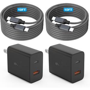 Extra Long 10Foot 45W Samsung USB C Fast Charger Block Dual Port PD Power Adapter Fast Charging Block,2Pack 10FT Type C Super Quick Charging Cord for Samsung Galaxy S25 Ultra/S25/S24/S23/S22 and More