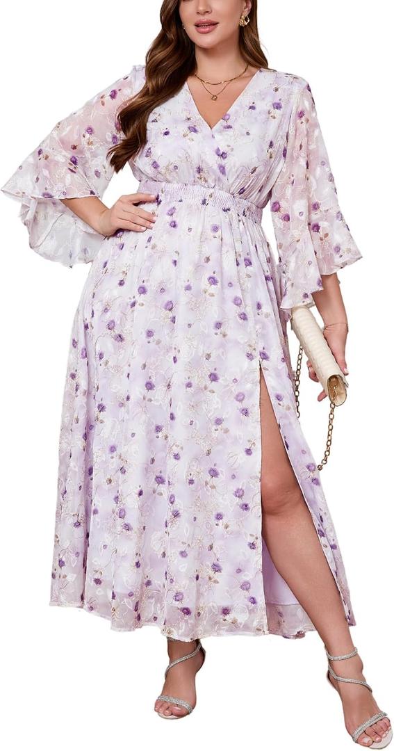 EYWOL Wedding Guest Dress Plus Size Ruffle Bell Sleeve V Neck A Line Flowy Empire Waist Maxi Dresses with Slit (Purple, L)