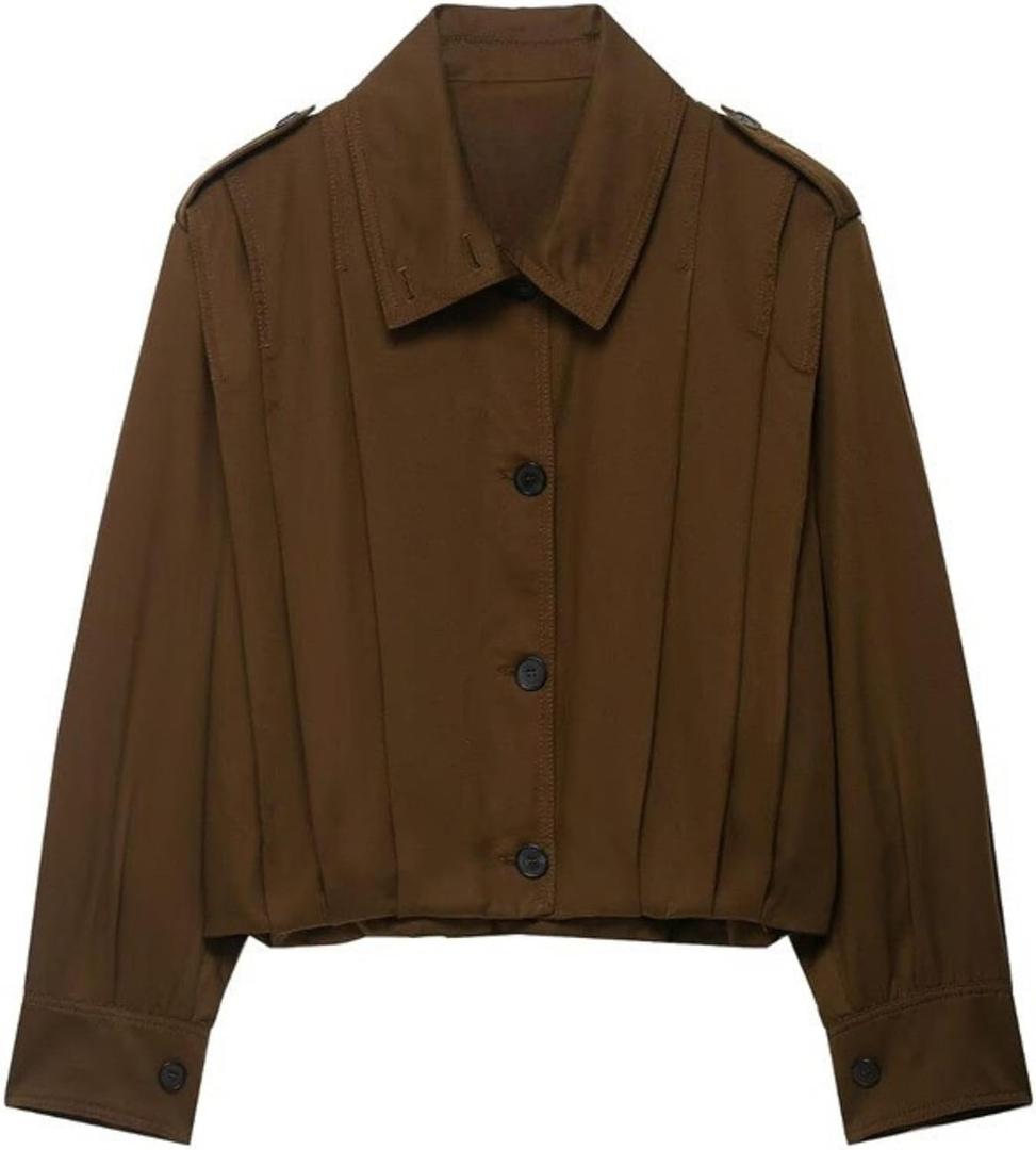FindThy Womens Cropped Pleated Jacket Casual Lapel Collar Long Sleeve Button Down Outerwear Trench Coat, Brown L
