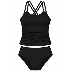 Century Star 2 Piece Girls Tankini Swimsuit - UPF 50+ Front Cutout Black Swimsuit Set Adjustable Straps Ink Jet Black 14-15 Years