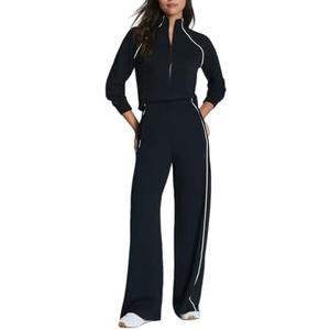 YEMORCH Jumpsuits for Women Casual One Piece Outfits Long Sleeve Mock Neck Wide Leg Pants Rompers with Zipper(Black, XS)