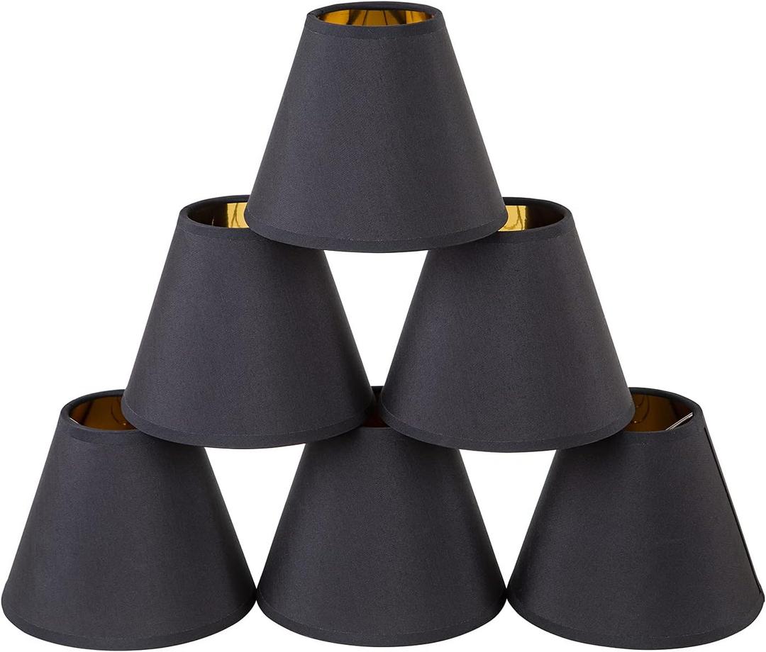 Chandelier Shades Set of 6,Small lamp Shades clip on bulb Gold mirror Hardback, Mini lamp shade with Black Linen Dia 3"Top x 6"Bottom x 5"H (Black, 3x6x5")