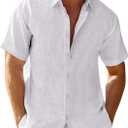 Runcati Mens Button Down Linen Shirts Short Sleeve Casual Summer Beach Tops (White)