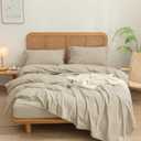 BESTOUCH Sheet Set 100% Washed Cotton Linen Feel Super Soft Comfortable Chic Lightweight 4 Pcs Home Bedding Set Solid Almond Milk Grey Queen