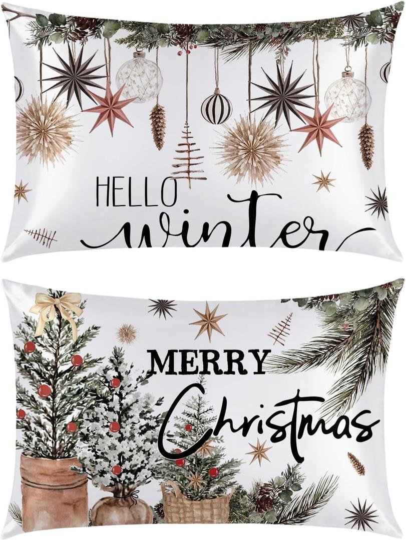 Horaldaily Christmas Standard Size Set of 2 Satin Pillowcases for Skin and Hair, Christmas Balls Berries Smooth Soft Similar to Silk Pillowcases for Bedding Sofa Couch,Idea Gifts for Women Men (White)