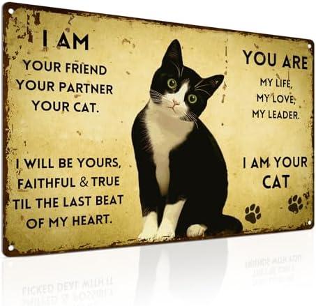ALKB Vintage Metal Cat Sign - "I Am Your Friend, Your Partner, Your Cat" - 8"x12" Retro Metal Wall Decor for Cat Lovers, Pet Themed Gift with Paw Prints. Pack of 2