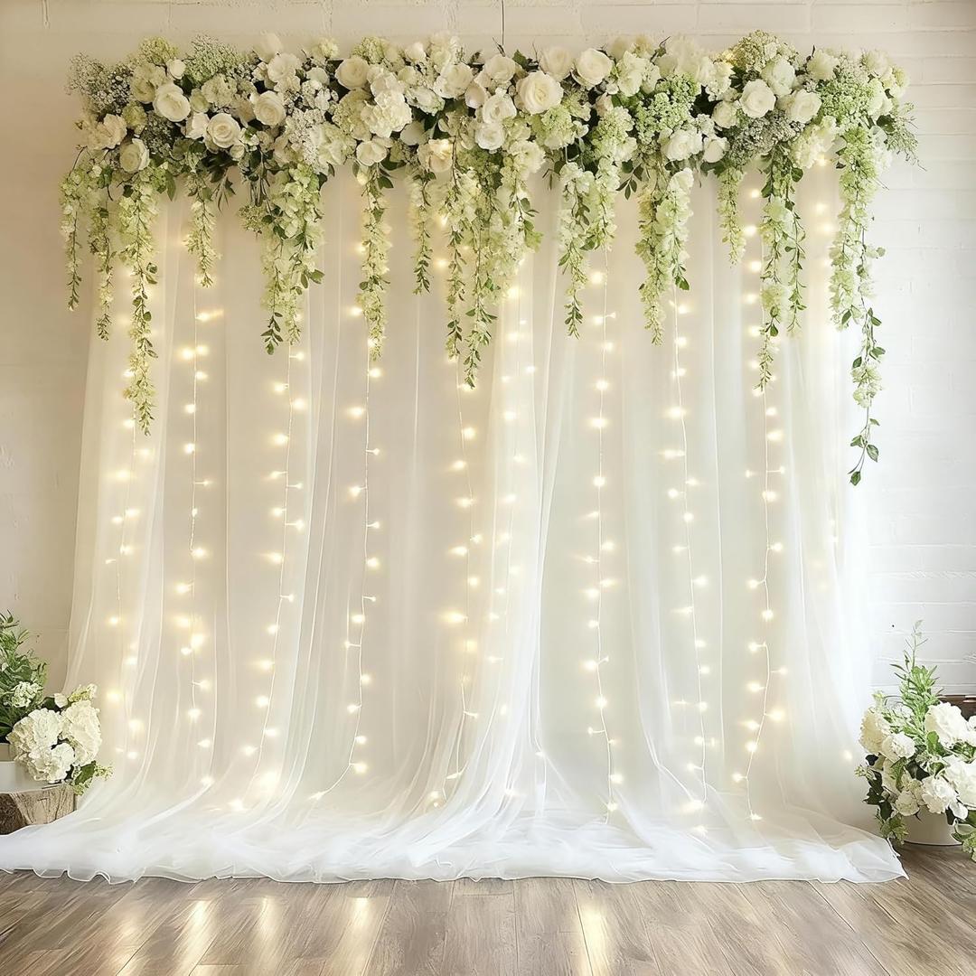 10x10ft Ivory Tulle Backdrop Curtain with Lights String for Parites, Sheer Photo Backdrop Curtains with Lights for Christmas Wedding Ceremony Reception Bridal Shower Baby Shower Birthday Party (2 Panels(5*10FT))