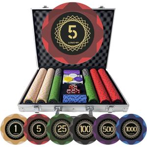 500 Piece Clay Poker Chip Set, Texas Holdem Blackjack 14g Heavy Clay Composite Numbered Chips with Aluminum Case 2 Decks 5 Dice Dealer Small Big Blind Buttons for Adult Casino Night