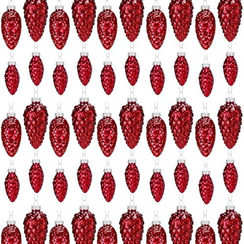 Sliner Red 48 Pcs Christmas Pinecone Ornament Glass Pinecone Bulk for Christmas Tree 3 Sizes Glass Ornament Fall Hanging Pine Cone Pendants for Winter Xmas Fall DIY Craft Decor