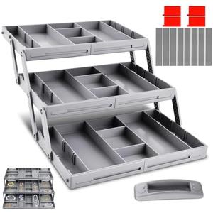 Multi Level Smart Drawer Organizer, 3 Tier Expandable Desk Organizer with Dividers Stickers and Drawer Pull, Collapsible Storage Tray for Make Up, Jewelry and Small Office Supplies
