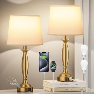 Seealle White Gold Lamps for Bedrooms Set of 2 - Touch Control Bedside Lamp with USB C+A, 3 Way Dimmable Nightstand Lamps with USB Port, Table Lamp for Living Room(White Shade and Gold Base)