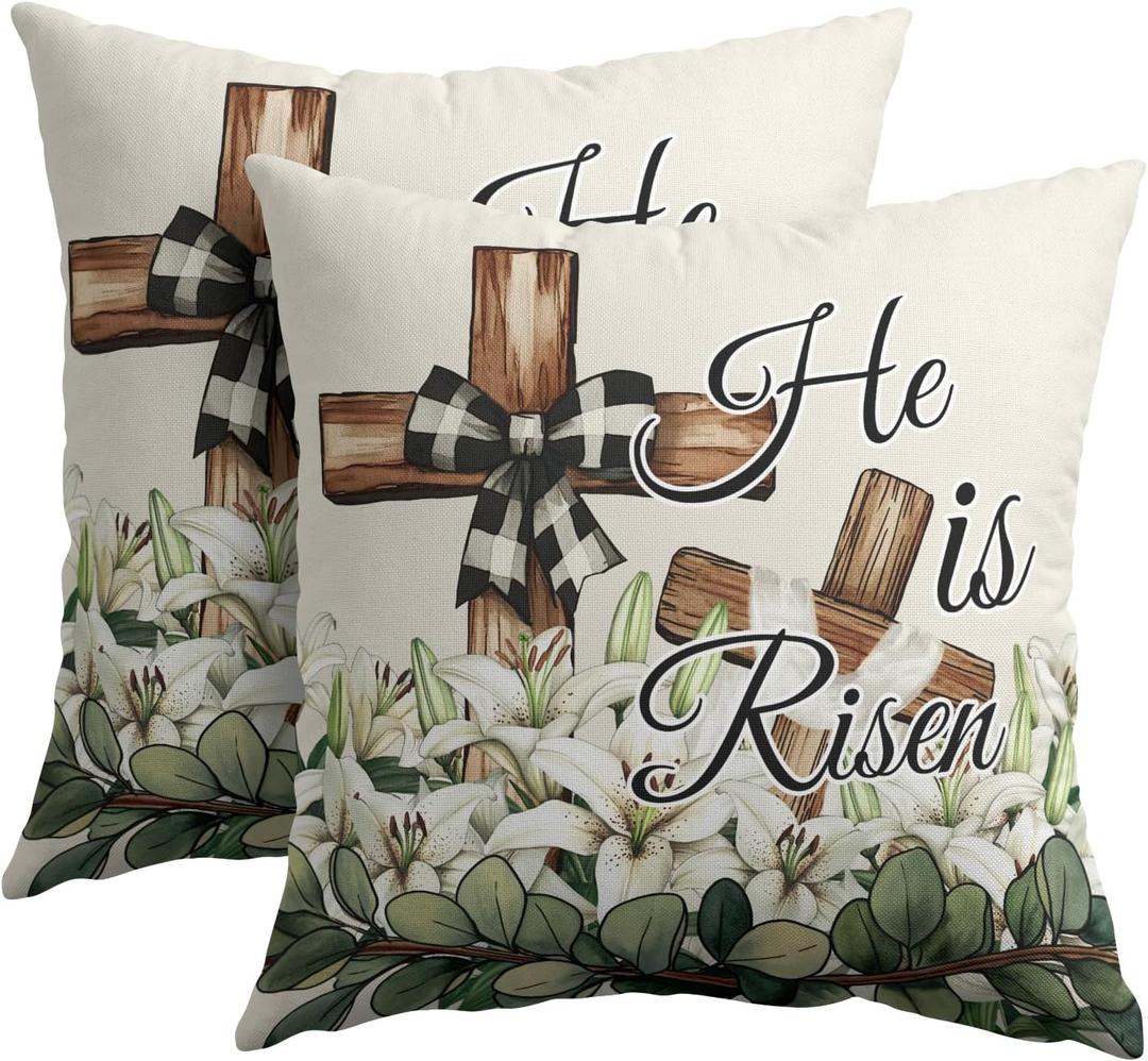 Happy Easter Leaf Throw Pillow Covers 18x18 Set of 2 Hi is Risen Cushion Case Cotton Linen Square Spring Flowers Easter Decoration Throw Pillows Case for Holidays Party Sofa Couch Bed Bench Outdoor