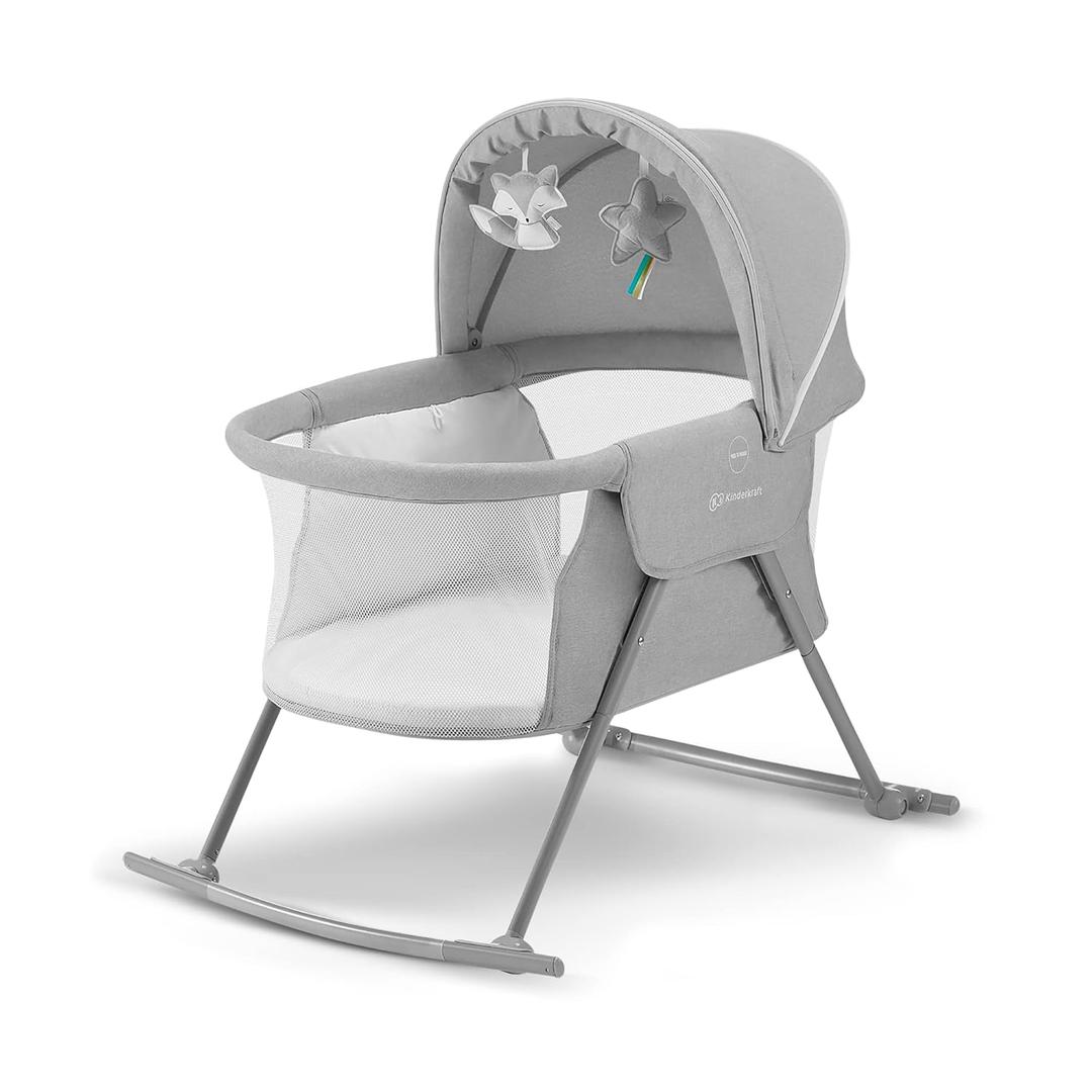 Kinderkraft LOVI Travel Bassinet for Baby, Portable Folding Baby Bed with Built-in Mosquito net, Adjustable Hood and an Additional Cradle Function, Grey