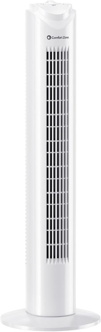 Comfort Zone Tower Fan for Bedroom, 32 inch, 3 Speeds, 90 Oscillation, Bladeless Indoor Fan, Built-in Carry Handle, Portable Stand Fan, White