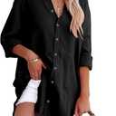 siliteelon Women's Button Down Tunic with Pockets Cotton Gauze Button Up Shirt Dress V Neck Long Sleeve Frayed Blouse Tops (Black) L