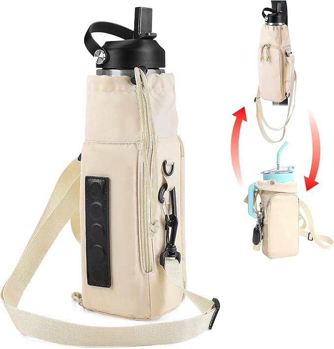 CONTAIL 2 in 1 Magnetic Water Bottle Carrier Bag for 30/40 oz Tumbler with Handle/no Handle,Bottle Pouch Holder with Adjustable Shoulder Strap,Multifunction Accessories Pocket&Carabiner