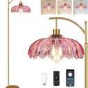 QIYIZM Pink Floor Lamp for Living Room,Bedroom,Gold Dimmable Standing Lamp with Remote,Mid Century Modern Brass Tall Lamp Boho Floor Lamps Arc Stained Glass Flower Floor Light Lamp Girls kids Bohemian