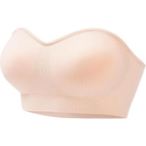 PRETTYWELL Strapless Bra for Women Comfort Non-Slip Seamless Padded Bandeau Bras Wireless Tube Top Bra with Multi-Way Straps (Large, Beige)