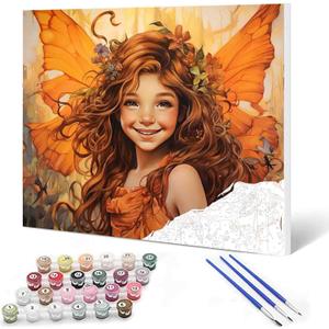 Angel Girl Butterfly Paint By Bumbers for Adults Beginner Cute Girl with Wreath DIY Paint by Numbers Acrylic Paint Canvas Orange Flower Bedroom Painting Kits Art 16x20 Inch Without Frame