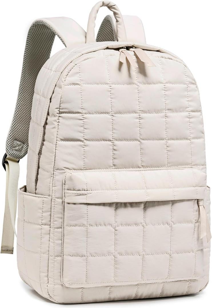 BTOOP Travel Backpack for Women Work Backpack Quilted College Backpacks for School Fit 15.6 Inch Laptop (Beige-Gray)