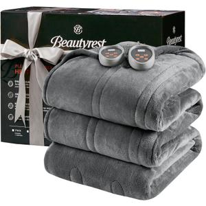 Beautyrest Heated Blanket, Electric Blanket, Soft, Warm, Reversible Plush - Sherpa Heating Blanket with 20 Heat Settings, 110 hrs Timer Auto Shut Off, Machine Washable, King (90 in x 100 in), Grey