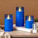 Raycare Flameless Electronic Pillar Candles with Remote Control and Timer- Battery Operated Realistic Flickering LED Fake Candle for Home, Wedding, Valentine's Day Decor,Blue,Set of 3(3"x4"5" 6")