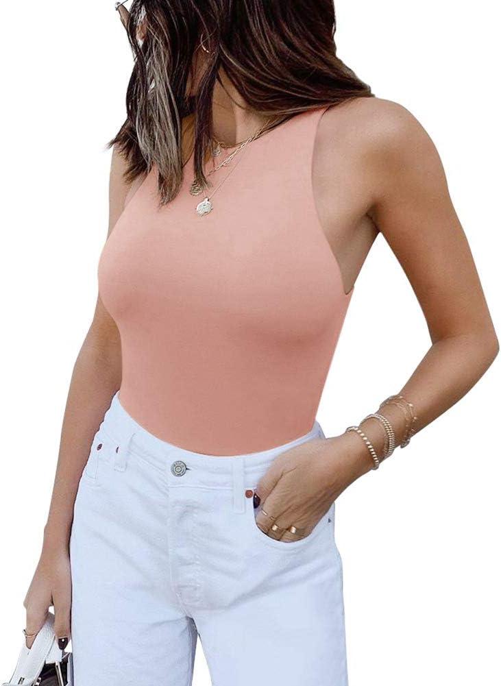 REORIA Butsmooth Womens Basic Sexy Sleeveless Racer Back Halter Neck Bodysuit Tank Tops (Small, Pink)