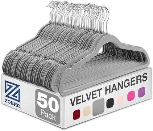 Zober Velvet Hangers 43 Pack - Heavy Duty Gray Hangers for Coats, Pants & Dress Clothes - Non Slip Clothes Hanger Set - Space Saving Felt Hangers for Clothing