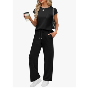 WIHOLL 2 Piece Sets for Women Casual Summer Travel Vacation Outfits Cap Sleeve Lounge Set M