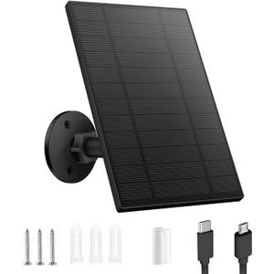 5W Solar Panel for Security Camera, Solar Panel with Micro USB & USB-C Port for DC 5V Outdoor Rechargeable Battery Camera, IP65 Waterproof, 360 Adjustable Security Mount, 9.8ft Cable(Black)