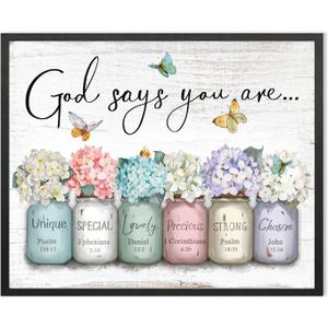 Inspirational Bible Verse Wall Art: God Says You Are Wall Decor Framed Christian Painting 24" x 30",Hydrangea Flower in Mason Jar Prints Hanging Posters Religious Bedroom Decor for Women Girls