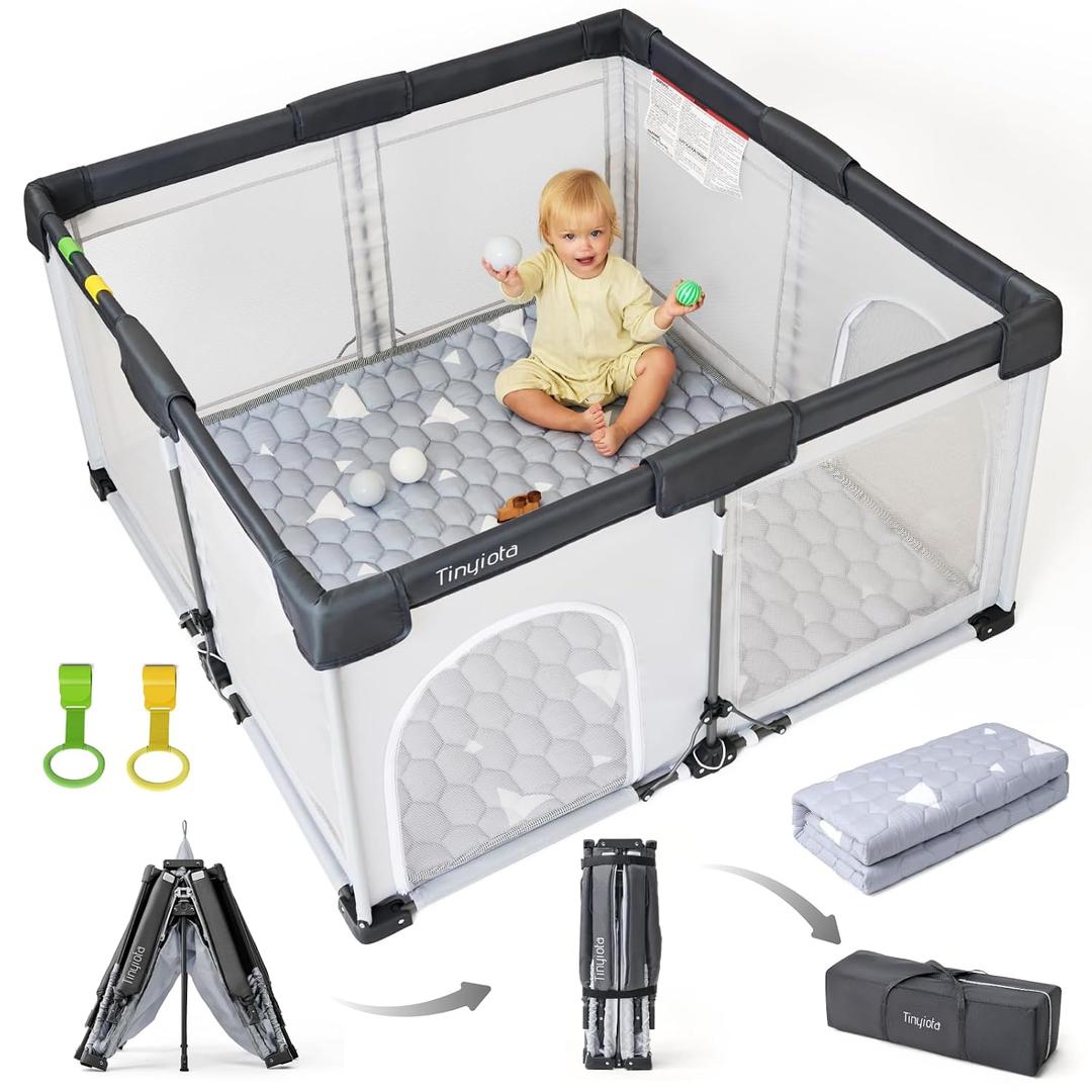 Tinyiota Foldable Baby Playpen, 50x50 Inch Portable Play Yard for Babies and Toddlers with Soft Breathable Mesh, Storage Bag & 2 Pull-Toy Handles for Indoor & Outdoor (Grey, with Mat)