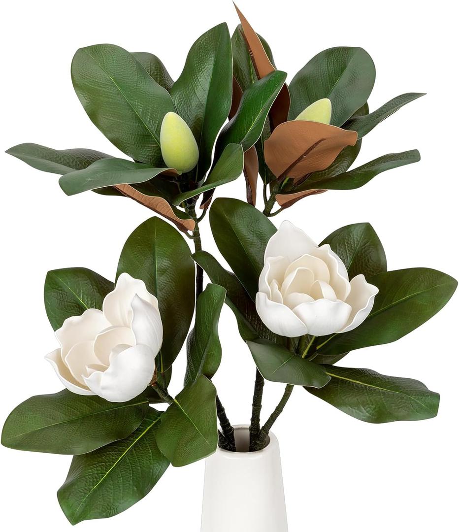 2PCS 33.5inch Artificial Magnolia Flowers with Green Magnolia Leaves and Fruit 3D Real Touch 2 Heads Long Stem Faux Magnolias Flower for Home Wedding Table Office Floral Arrangement Decoration (White)