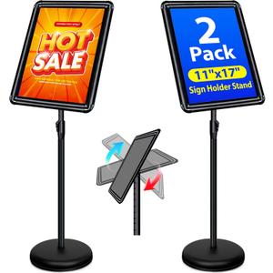 2-Pack 11x17 Inch Adjustable Sign Stand & Floor Standing Sign Holder - Pedestal Poster Stand with Vertical & Horizontal View Display for Indoor/Outdoor Business & Store Signage (Black)