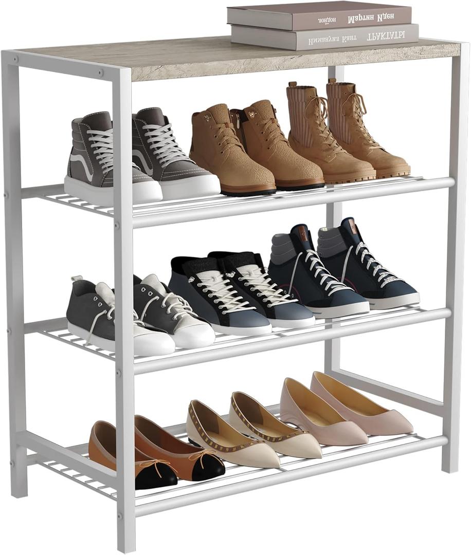 HOMEFORT 4-Tier Shoe Rack, Modern Industrial Shoe Storage Tower, Narrow Shoe Organizer for Closet Entryway, Small Shoe Rack Table with Durable Metal Shelves and MDF Top, White Oak