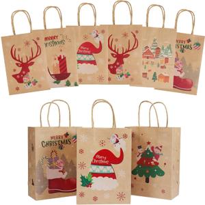 Mjokoj 24 Pack Bags - 6 Designs Kraft Paper Bags, 8.26x5.90x3.14 Inches With Handles, Suitable for Holiday, Reusable Xmas Gifts