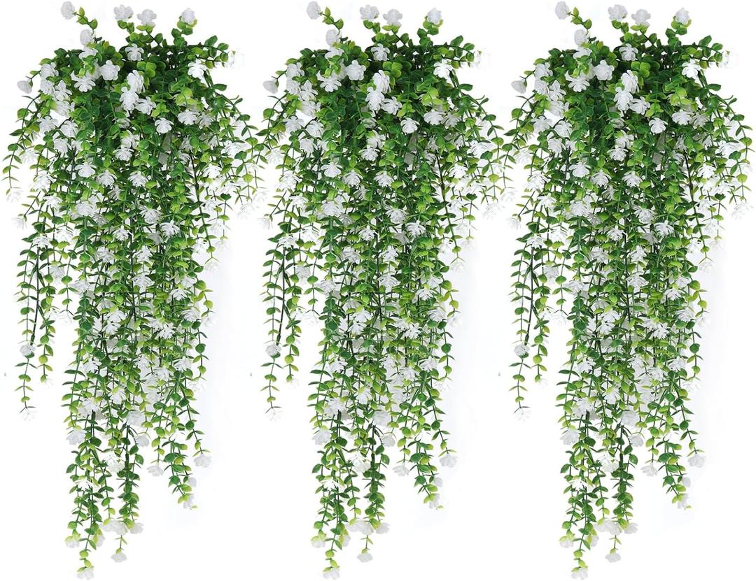 RECUTMS Artificial Hanging Plants Fake Hanging Plant Faux Eucalyptus Leaf Greenery Vine Outdoor UV Resistant Plastic Plants Home Garden Wedding Party Indoor Outdoor Decorations(White)
