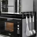 Pusdon Extendable Microwave Oven Rack, Heavy Duty Adjustable Microwave/Toaster Shelf(L15.7~23.6"xW14.2"xH16.5"), 2-Tier with 3 Hooks Kitchen Counter Top Organizer, 55lbs Weight Capacity, Black