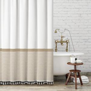 Seasonwood Extra Long 84 Inch Tall Shower Curtain Beige and White Striped Shower Curtain with Tassels Water Repellent, Wrinkle Free