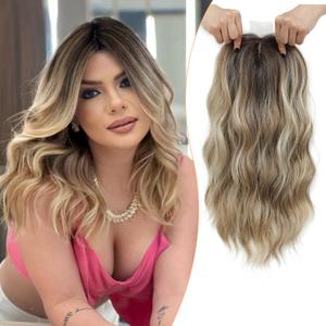 PANEWAY Hair Topper 16 Inch Synthetic Wavy Clip in Hair Piece for Women, Balayage Dark Brown Root to Blonde Ombre with Highlights, Natural Wiglet for Volume & Coverage