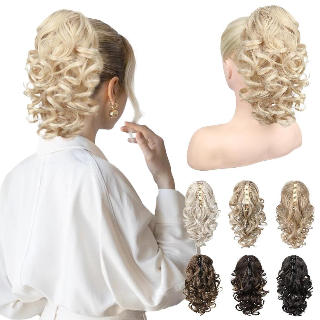 REECHO 12" Ponytail Extension, Classic Loose Curly Wavy Claw Clip Pony tails Hair Extensions Hairpieces for Women (Light Blonde)