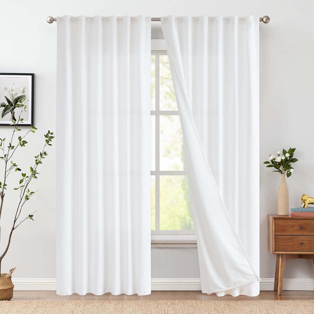 jinchan Linen White Curtains 90 Inches Long for Living Room Farmhouse Rod Pocket Back Tab Light Filtering Window Drapes with Lined for Bedroom Off White 2 Panels