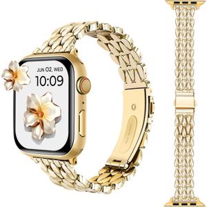 HANDODO Stainless Steel Band for Women Apple Watch Series 10 9 8 7 6 5 4 3 2 1 SE SE2 Ultra 2, Luxury Replacement Metal Strap Bracelet Wristband for  iWatch (38/40/41/42mm(series 10), 1-Gold-bead)