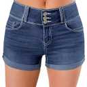 roswear Women's High Waisted Stretchy Denim Shorts Cuffed Jean Shorts (Large, Blue)