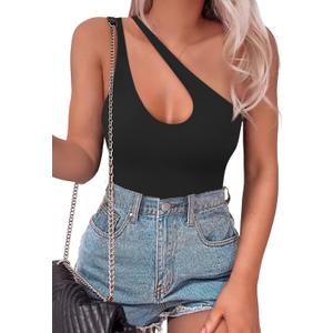SAUNGKUAI Women's Sexy One Shoulder Sleeveless Cutout Thong Bodysuit Tank Top Body Suits V Backless Tummy Control Shapewear Black, Small