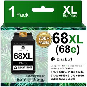 68XL 68e Ink Cartridges Black x1 Compatible for HP 68XL 68e 68 Ink, High Yield 730 Pages Work for Envy 6555e 6155e 6552e 6558e 6152e 6165e 6100e 6500e 6110e 6120e 6130e Printers