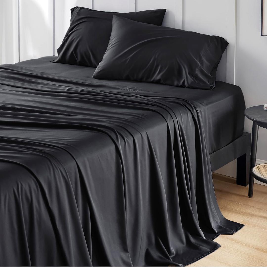 Bedsure Queen Sheets, Rayon Derived from Bamboo, Queen Cooling Sheet Set, Deep Pocket Up to 16", Breathable & Soft Bed Sheets, Hotel Luxury Silky Bedding Sheets & Pillowcases, Black